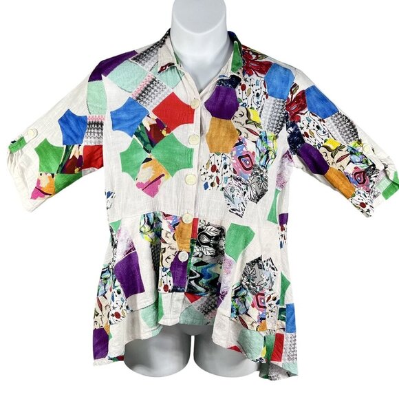 Parsley & Sage XL Bohemian Patchwork Ruffle Hi Lo Blouse Roll Tab Sleeve Artsy - Picture 1 of 16